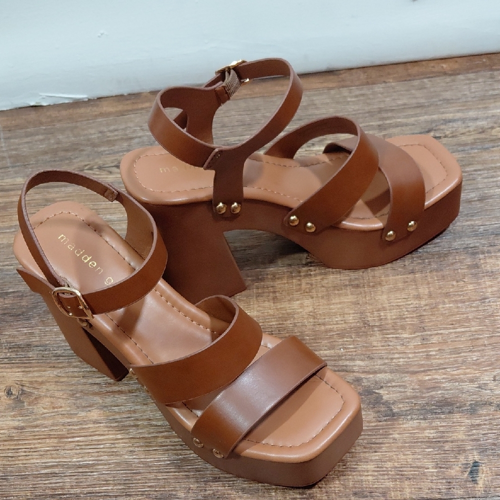 Madden Girl Tan Platform Block Heel Ankle Strap Brown Sandals 7.5